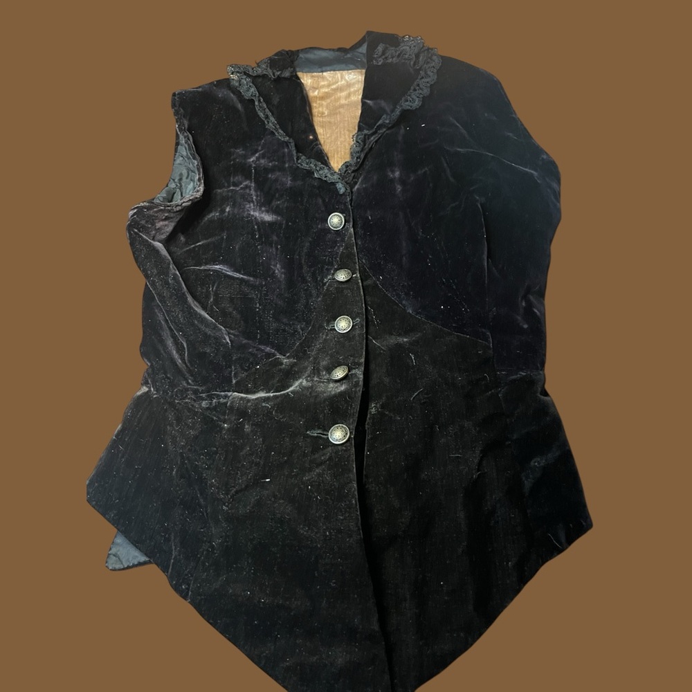 Victorian Silk Lined Black Velvet and Lace Vest Excellent Condition with Tails